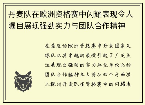 丹麦队在欧洲资格赛中闪耀表现令人瞩目展现强劲实力与团队合作精神