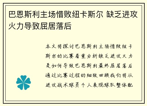 巴恩斯利主场惜败纽卡斯尔 缺乏进攻火力导致屈居落后