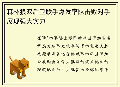 森林狼双后卫联手爆发率队击败对手展现强大实力