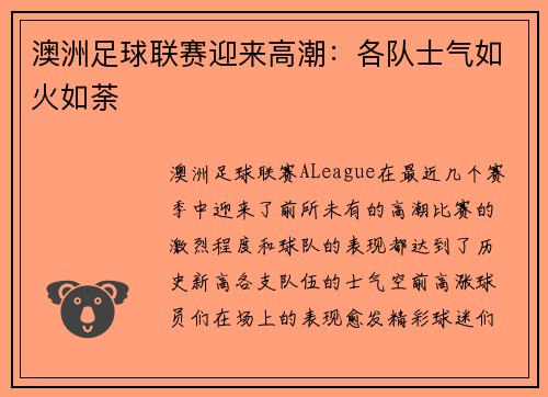 澳洲足球联赛迎来高潮：各队士气如火如荼
