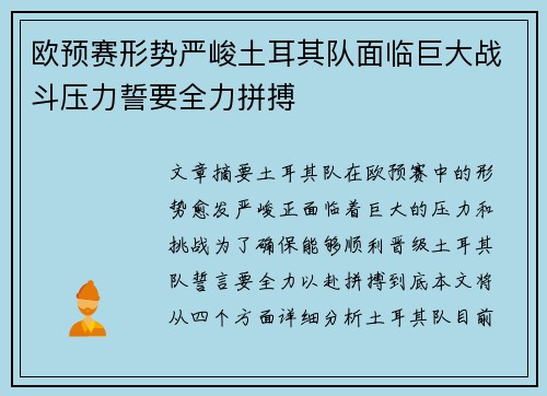欧预赛形势严峻土耳其队面临巨大战斗压力誓要全力拼搏